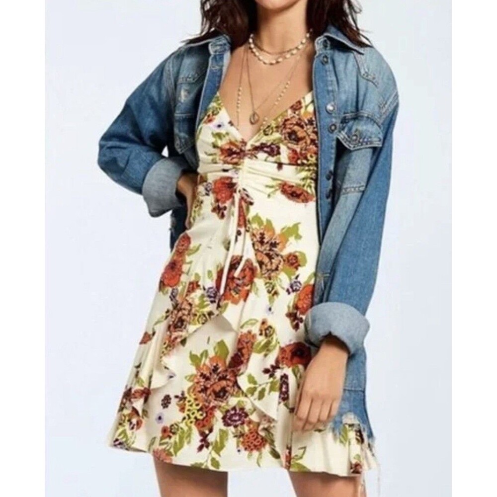 Free People Floral Ruched Ruffle Sleeveless Mini Sundress Ivory Multi Size M